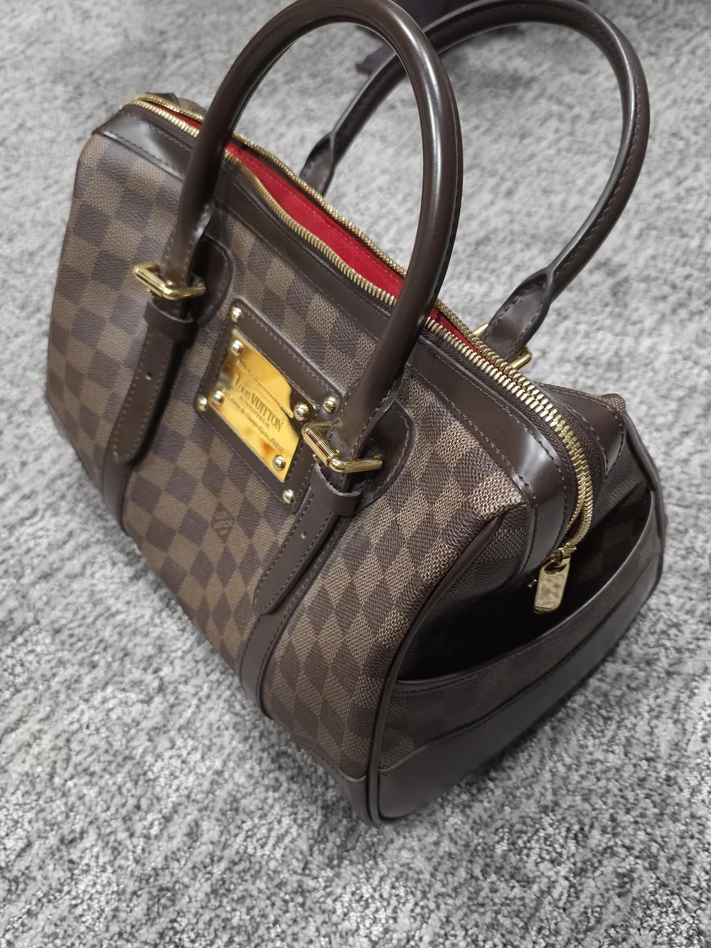 Louis Vuitton Brown Damier Ebene Satchel with Red Interior and Gold Hardware